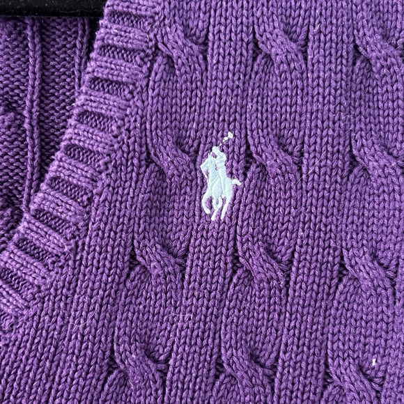 VTG Y2K Ralph Lauren Sport Cable Knit Sweater Women XS Purple V Neck Pony Preppy - Picture 3 of 4
